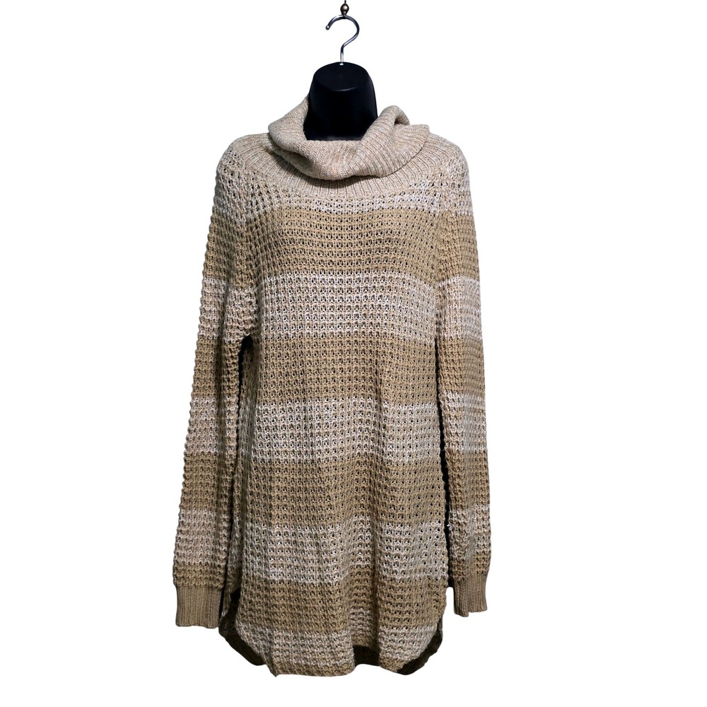 Rue21 Womens XL Tan Cream Striped Cowl Neck Open Knit Crochet Tunic Sweater